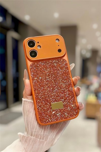 İtarz iPhone 12 Compatible Orange Luxury Stone Glitter Premium Phone Case wit...