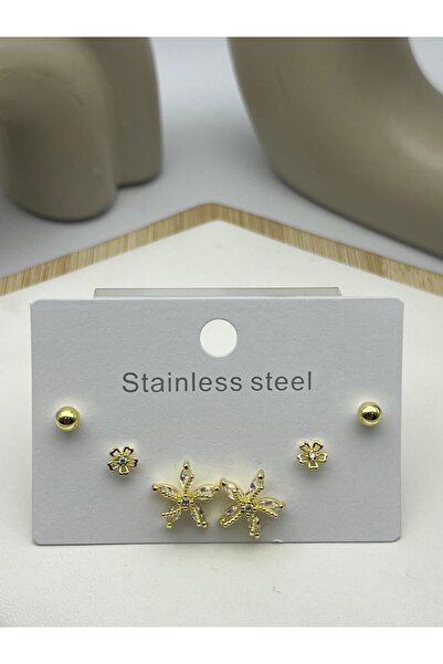 BİJU YILMAZ 26Clk25 Gold Steel Earring Set with Stone Flower Motif