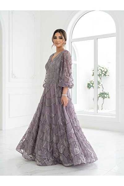 sea gulf Fully Beaded Evening Gown with Sheer Sleeves and Fully Lined