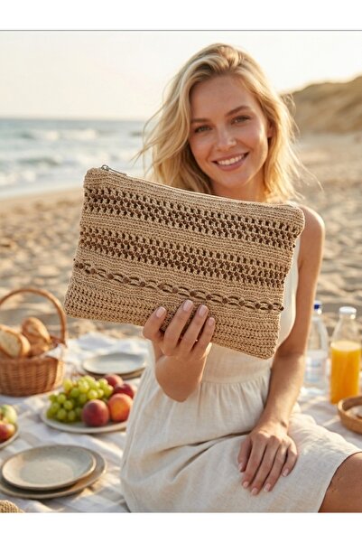 Enie Geantă de damă bej, din paie, brodată, lucrată manual, cu fermoar
