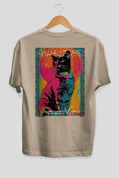 Ankhises For the Love of Cats 72 Cats Printed Beige Oversize T-Shirt 100% Cot...