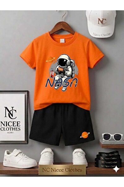NC Nicee Clothes تي شيرت صيفي للأطفال شورت للجنسين (طباعة رائد فضاء ناسا)