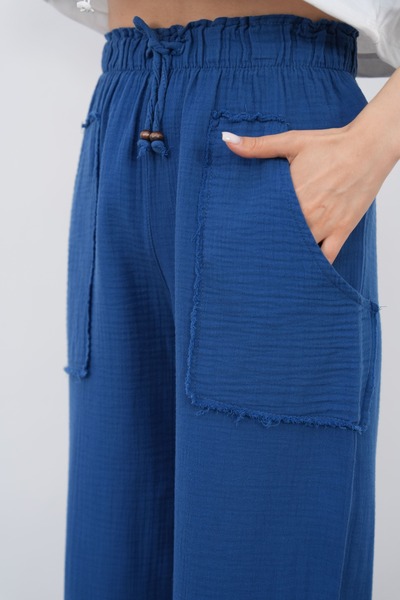 THE VOLER Muslin Palazzo Trousers Women's Summer Loose Wide Leg Casual Comfortable Elastic Waist Pocketed Daily Stylish Trousers