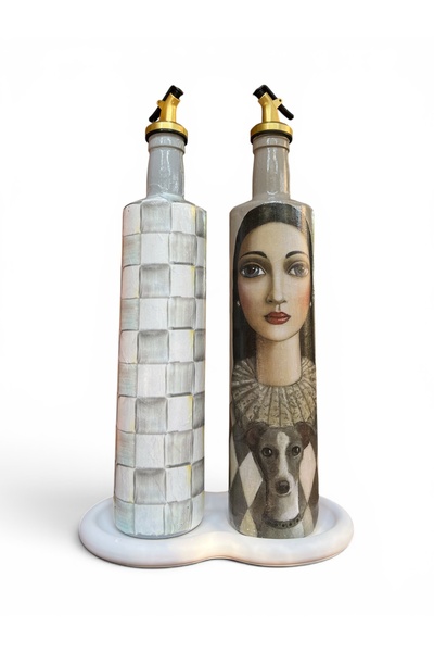 Mes Reves 750 ml Glass Oil and Vinegar Bottle Set of 2 – Gray Checkered Woman...