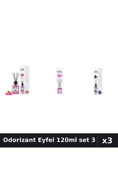 Eyfel Set 3 Odorizant Cameră Betișoare 120ml - Trandafir, Bubble Gum, Zambile