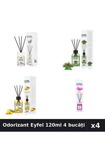 Eyfel Set 4 Odorizant Cameră Betișoare 120ml - Orhidee, Pin Mentă, Ananas, Bu...