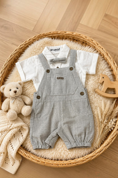 Tuğra Bebe Bej Papyonlu Gömlekli Erkek Bebek Salopet Takımı