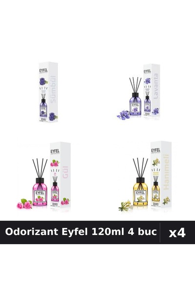 Eyfel Set 4 Odorizant Camera Betisoare 120ml - Lavanda, Trandafir, Zambile, M...