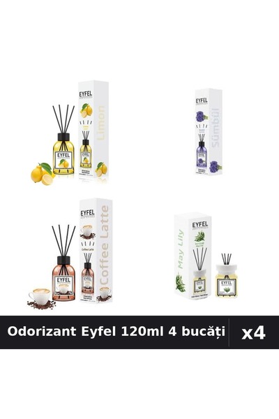 Eyfel Set 4 Odorizant Camera Betisoare 120ml - Lămâie, Zambile, Cafea, Lacram...