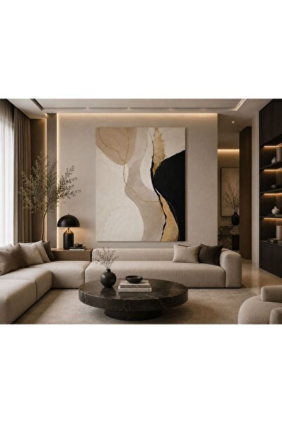 walliva Premium Soyut Bej Siyah Gold Dokulu Kanvas Tablo | Modern Minimalist ...