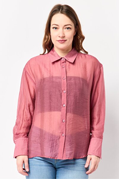 Bebe Women Spread Collar Long Sleeve Sheer Shirt, Old Rose