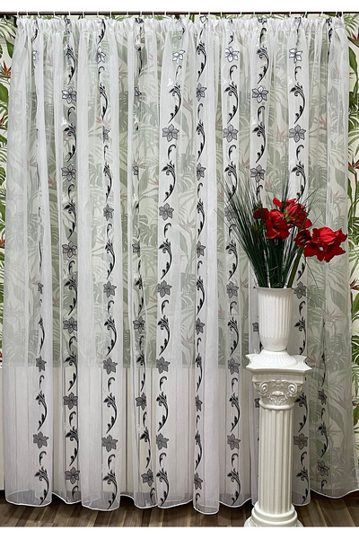 Liz Line Mechanically embroidered curtain, black/white color, from the "Roses...