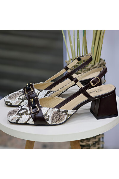 favorimo Brown Snakeskin Patterned Buckle Thick Heeled Slingback Shoes