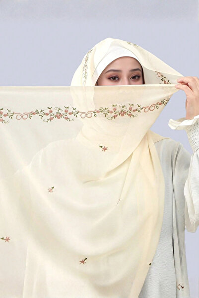 Atika Moda Çiçek İşlemeli Şifon Başörtüsü | Alabilen Hijab Şal