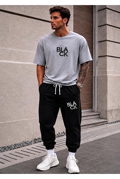 FAEL LİFE Unisex Wide Cut Tracksuit and T-Shirt Black Printed Set