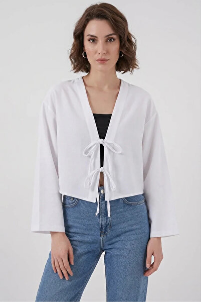 Efnaz style Women's V-Neck Front-Tie Viscose White Kimono
