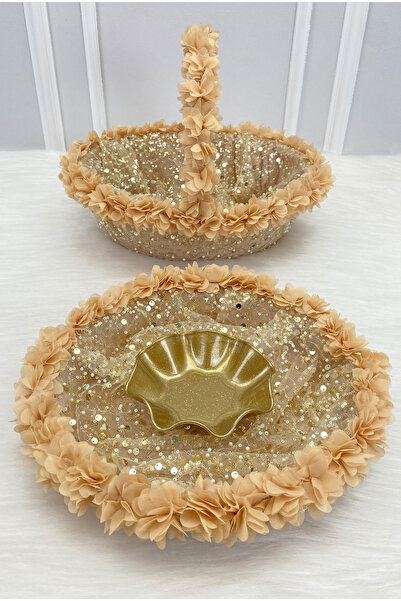 ZEYMERADE Gold Bridal Henna Night Tray and Basket, Floral and Complete with S...
