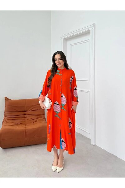 hazelin Women's Orange Plus Size Fish Pattern Single Size Viscose Fabric Shir...