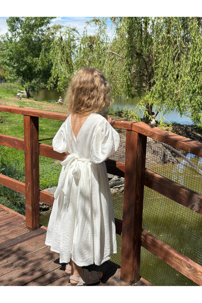 Little Ya Ya Love Girl's White Back Detail Balloon Sleeve Dress with Buckle Set