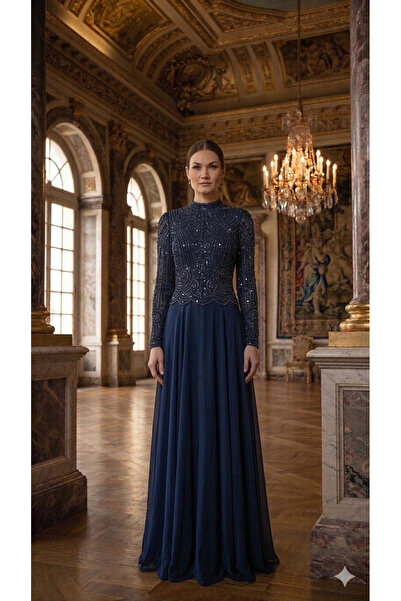 renk abiye Hakim Collar Beaded Long Evening Dress 5412