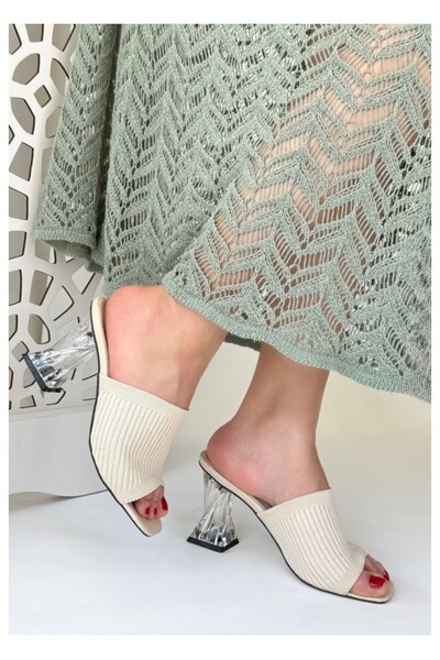 BellAyakkabı Women's Transparent Thick Heeled Knitwear Knitted Strap Slippers