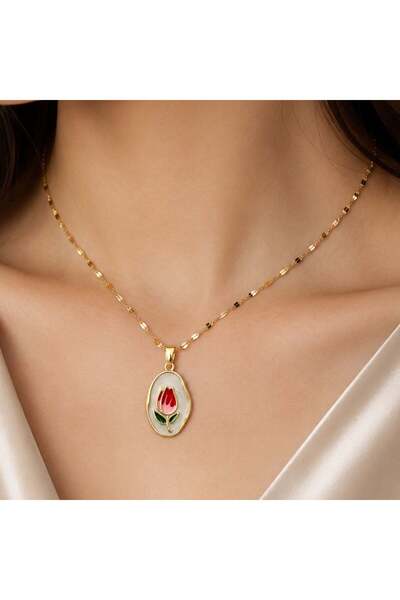 Bk Gift Enamel Women's Necklace with Tulip Figure - Non-Tarnishing Gold Steel...
