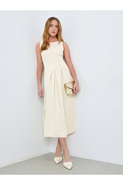 Take Two By Styli Cream Sleeveless Midi Dress with Fold Pleat