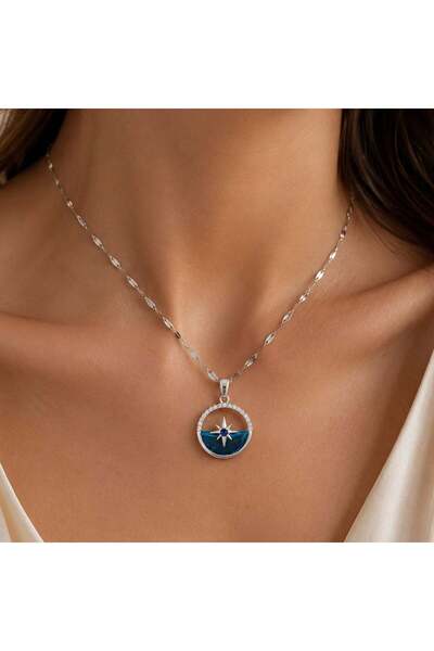 Bk Gift Compass Star Figured Blue Stone Women's Necklace - Non-Tarnishing Sil...