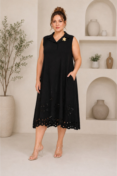 DARKWIN Plus Size Shirt Collar Sleeveless Laser Cut Metal Accessory Midi Leng...