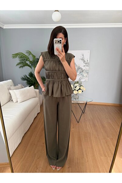 SHILSEE BEUTİQUE Women's Ribbed Tencel Fabric Blazer and Pants Set Khaki