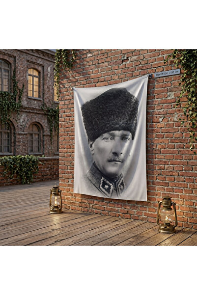 puntodizayn Siyah Beyaz Kalpaklı Atatürk Portresi poster Bayrak Raşel Kumaş 1...