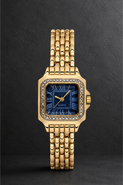 İnogge Celestia Gold Stone Women's Wristwatch – Square Case with Navy Blue Di...