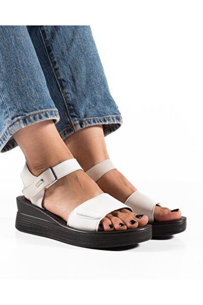 ALOGO Sandale dama cu Platforma Albe din Piele Ecologica Ione