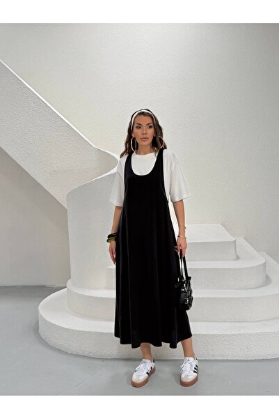 LE CARAMBOLE Ženska crna oversize majica-sačlanak haljina dupli set