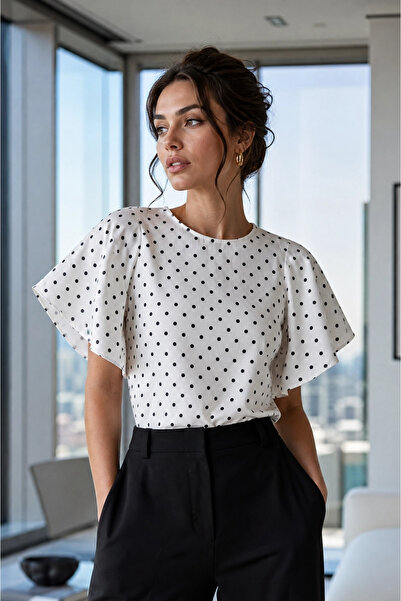 Modark Women's White Bat Sleeve Polka Dot Blouse - Crew Neck Flounce Sleeve B...