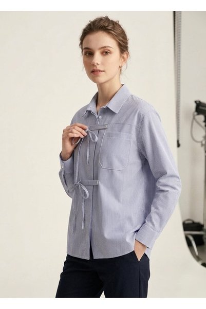 EsSo butik Women's Dark Blue White Striped Oversized Shirt with Bow Detail