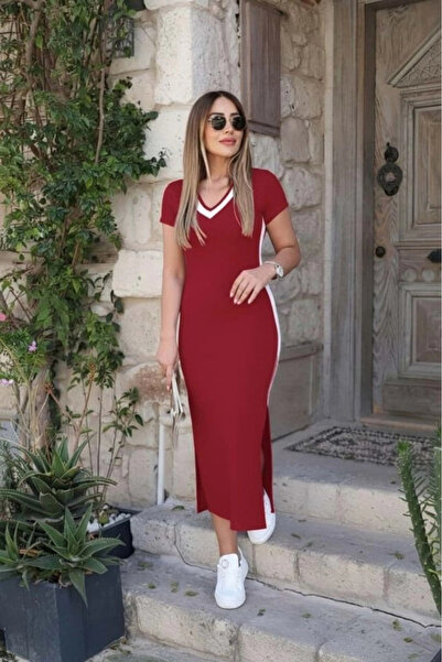 Beruflic Women's Short Sleeve V-Neck Viscose Long Dress with Side Stripe and ...