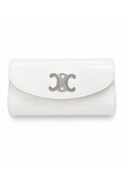 Genrric Elegant White Evening Bag with Metallic Logo and Stone Accents, a Tim...