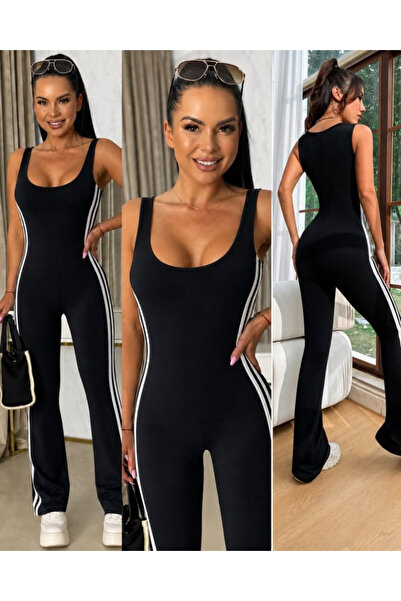 Efnaz style Women's Strappy Square Neck Long Diving Jumpsuit with Side Stripes