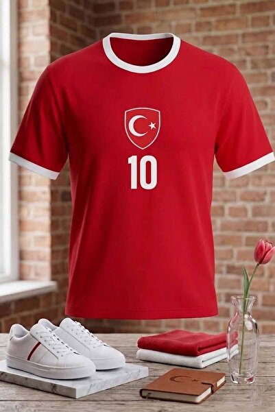 rekorsport Milli Takım Türkiye Baskılı Kırmızı Beyaz-Siyah Tişört - 10 Numara...