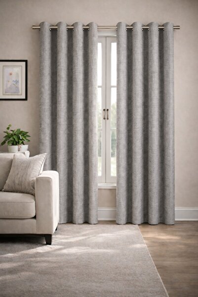 WAVES Grey Textured Linen Look Eyelet Curtain Set of 2 Panels with Accessorie...
