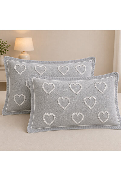miar home perde tekstil Gri Kalp Desenli Çift Kişilik Yatak Örtüsü Seti 250x2...