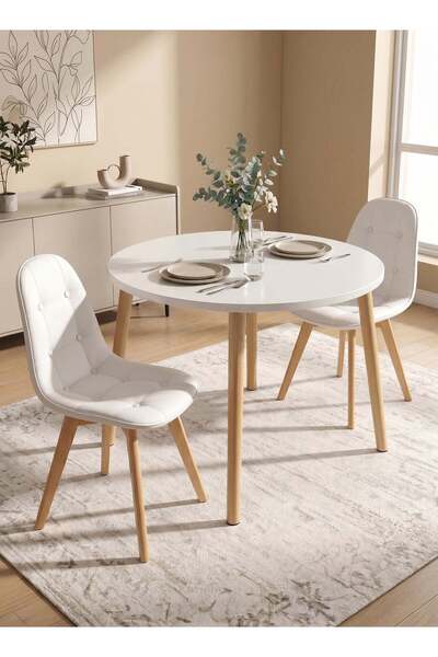 Taimi 3-Piece Modern Dining Set Round White Table 80x80x72cm With 2 White Lea...