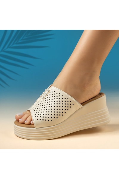 Modlet.ro Women's beige casual platform mules with perforations ZOE8