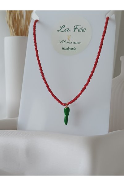 La fee aksesuar Green Chili Hot Luck Pepper Women's Red Bead Necklace Short Choker Necklace