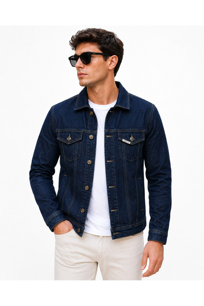 arden wear Erkek Slim Fit Kot Ceket Koyu Mavi