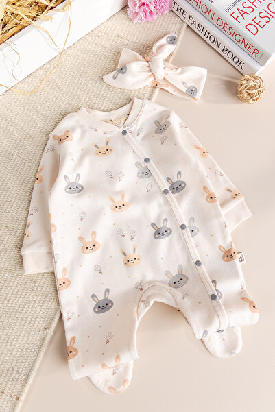 Babymod %100 Pamuklu Tavşan Desenli Bandanalı Kız Bebek tulum