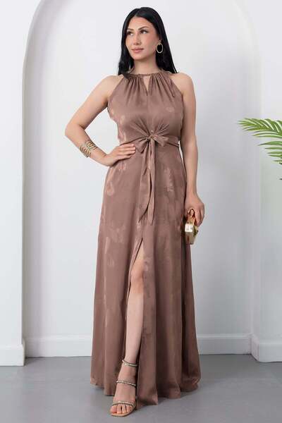 PULLIMM Halter Yaka Ön Bağlama Saten Elbise K-251656