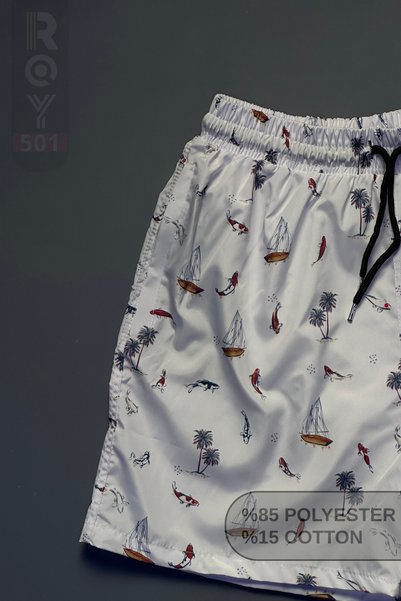 ROY501 Men's Swim Shorts Patterned Pocket Zippered Mesh Swim Shorts
