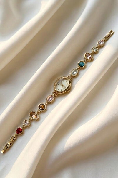 Elifsu Jewelry Vintage Gold Colorful Stone Women's Wristwatch